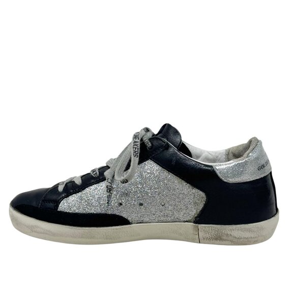 Golden Goose Superstar Sneakers Women Size 37 Silver Glitter Black Star Leather - Picture 4 of 15